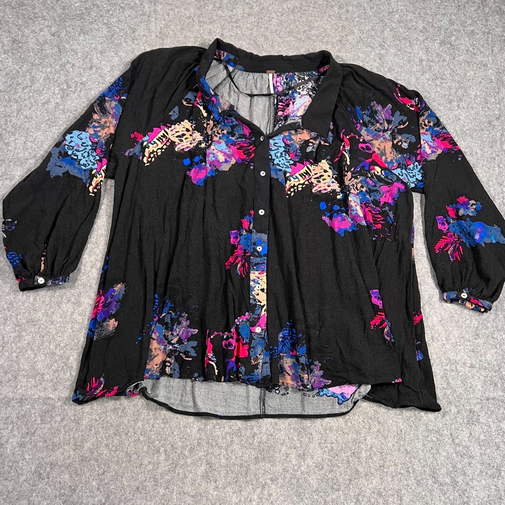 Free‎ People Black Floral Meadow Mark Button Down Top Women's Size Medium
